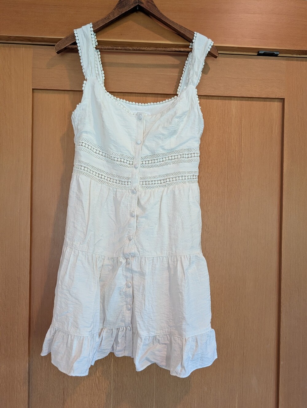 Lace Inset Baby Doll Tiered Ruffle Mini Dress White Medium